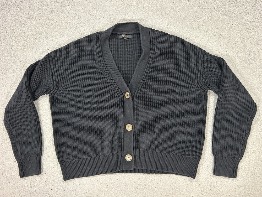 Quince Sweater Cardigan Womens XS Black Organic Cotton Fisherman Boxy Cropped